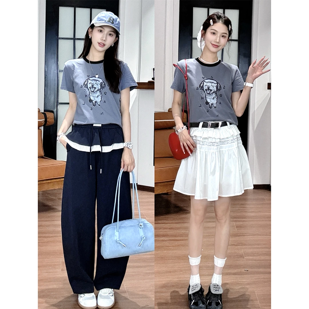 谢荞荞「music猫猫」春夏新款小香风卡通猫咪印花短袖T恤