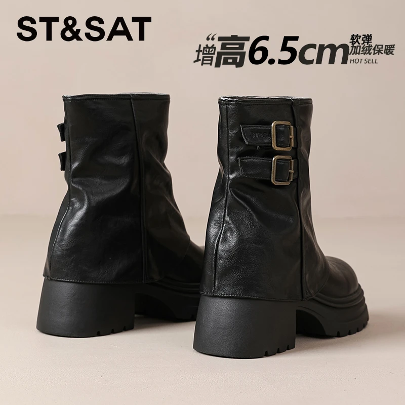 星期六加绒复古时装靴女2025爆款冬季美拉德小短靴厚底堆堆马丁靴