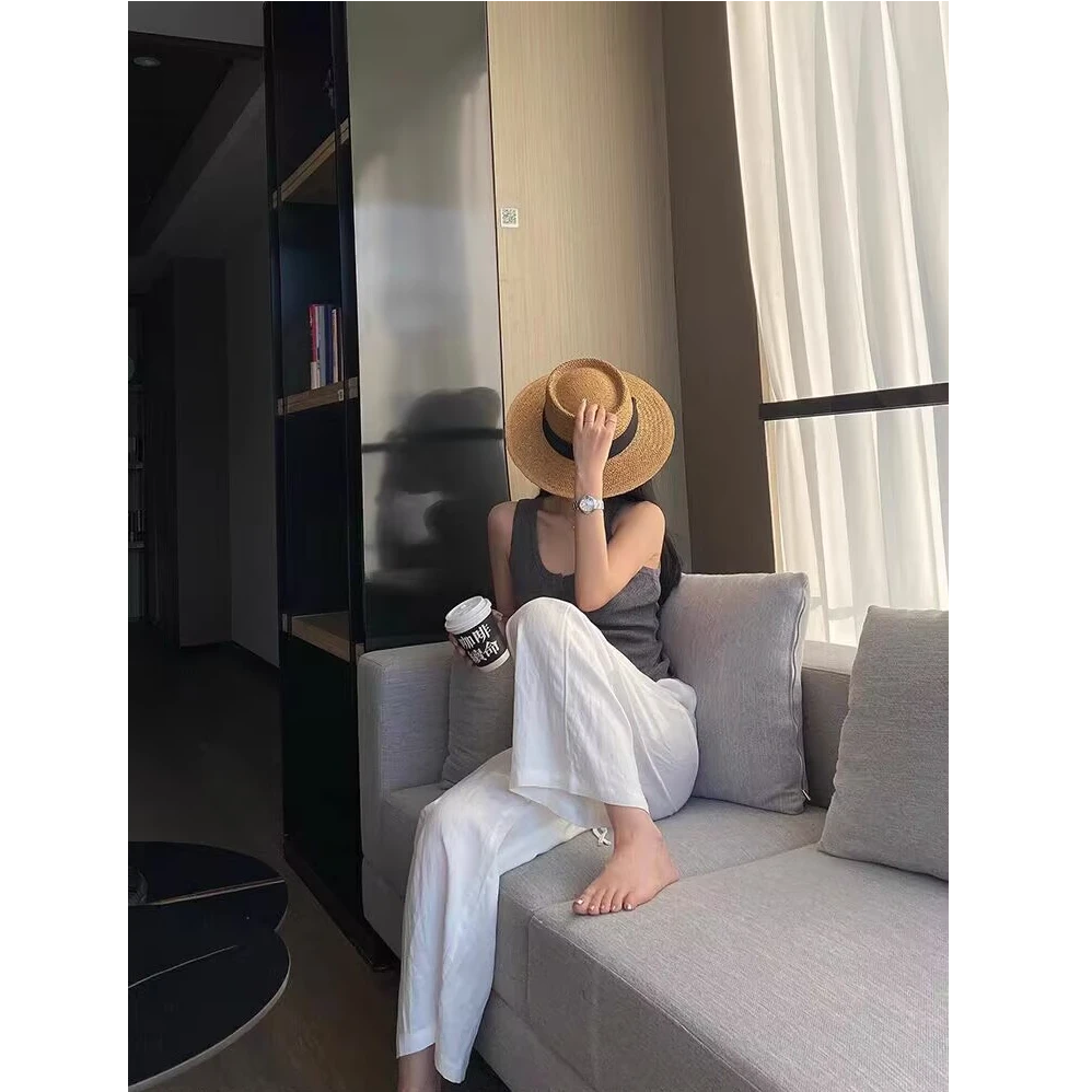 慵懒松弛棉麻阔腿裤女高端白色亚麻裤子女夏季薄款松紧腰休闲长裤