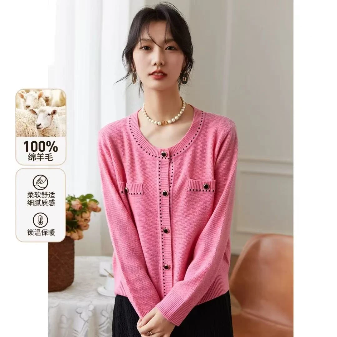 绵羊毛时尚百搭圆领开衫女式羊毛衫24DAK1109