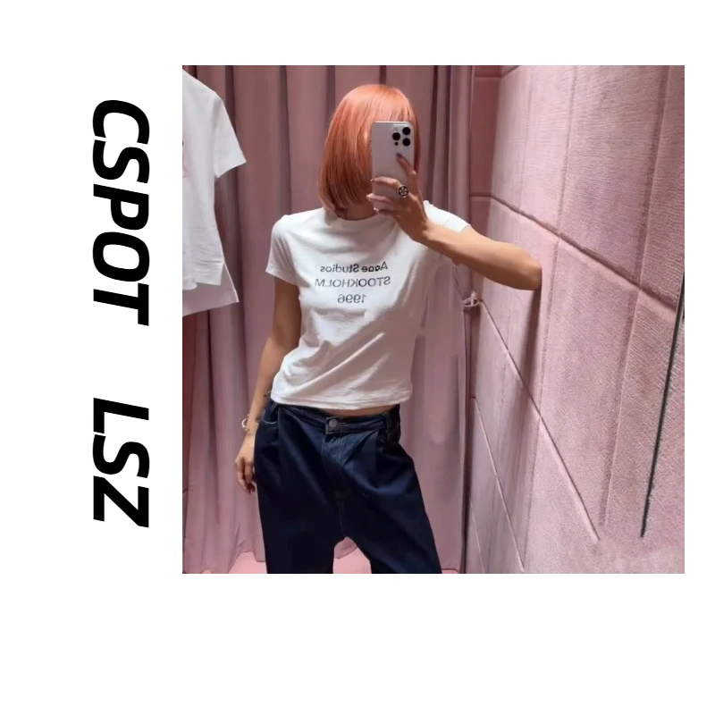 CSPOT女款修身1996数字印花棉麻短袖T恤