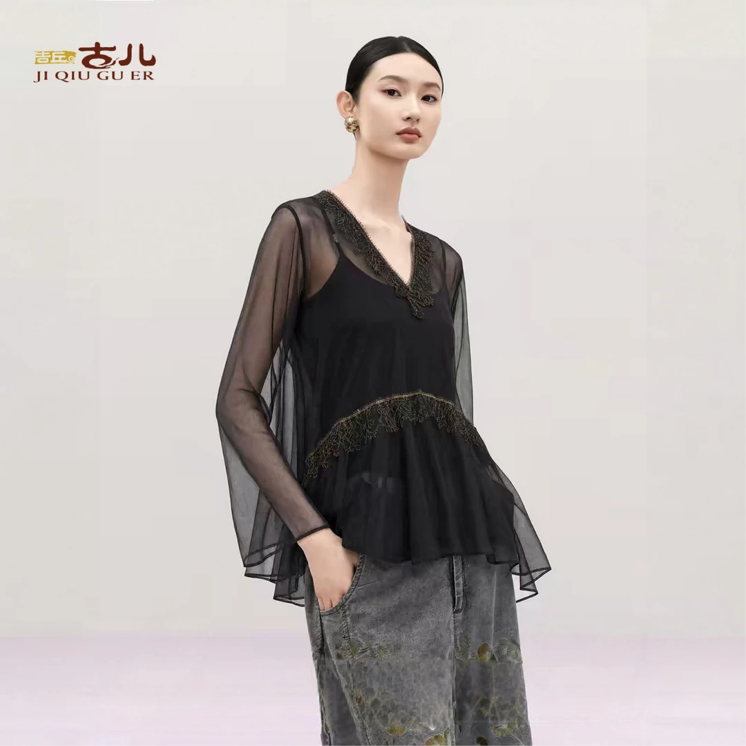 吉丘古儿原创设计黑色烫金夏季打底上衣灵动上衣宽松小衫G221Y028