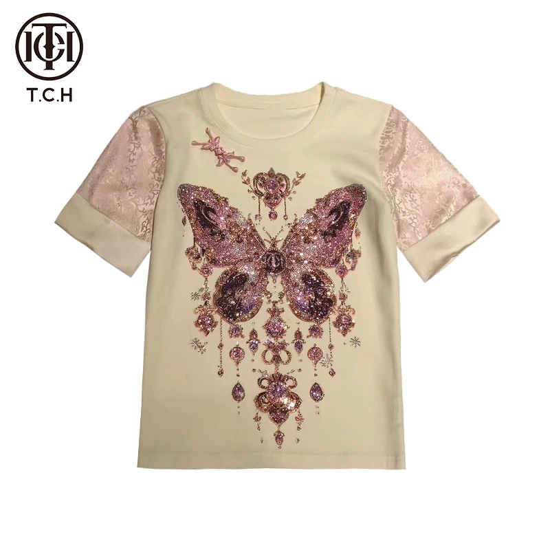 TCH轻奢烫钻工艺新时尚休闲百搭潮流短袖T恤女T72A108001