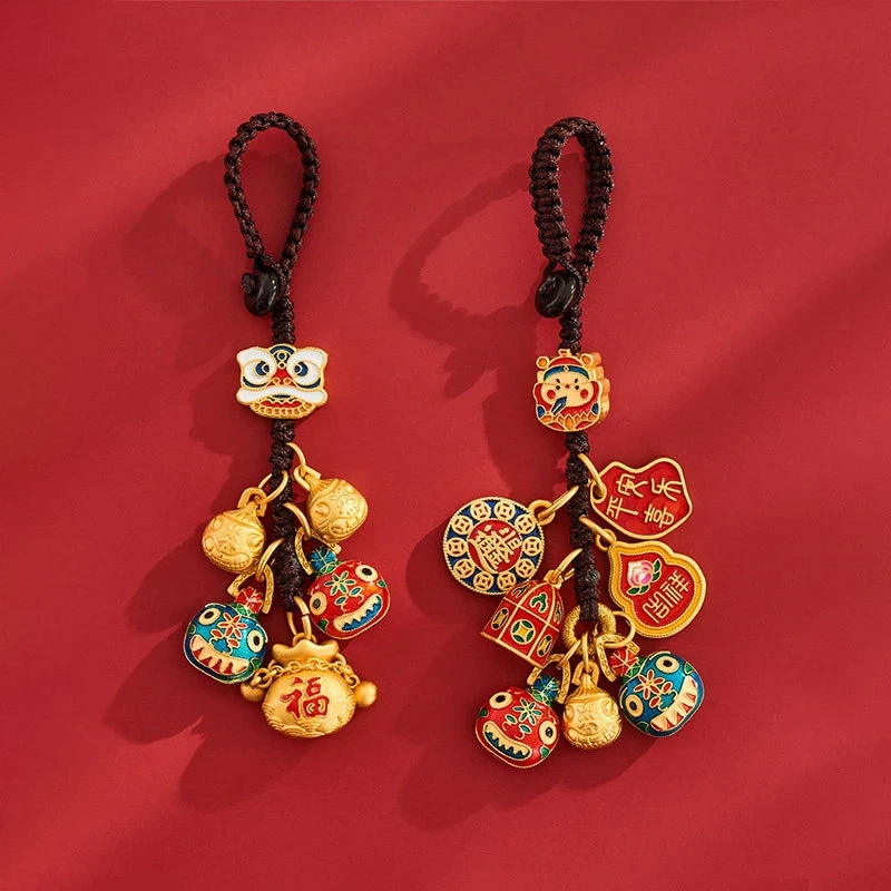 财神爷一家三口吞金兽貔貅福袋钥匙扣挂件手工编绳背包链镀金色