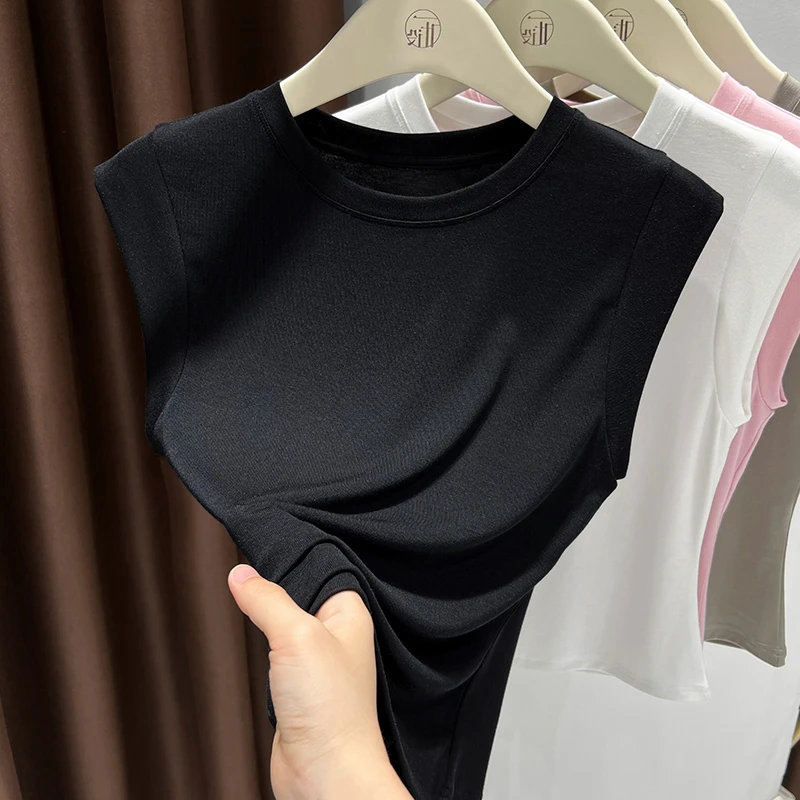 黑色无袖气质内搭夏季超薄莫代尔圆领修身正肩短袖T恤气质上衣女