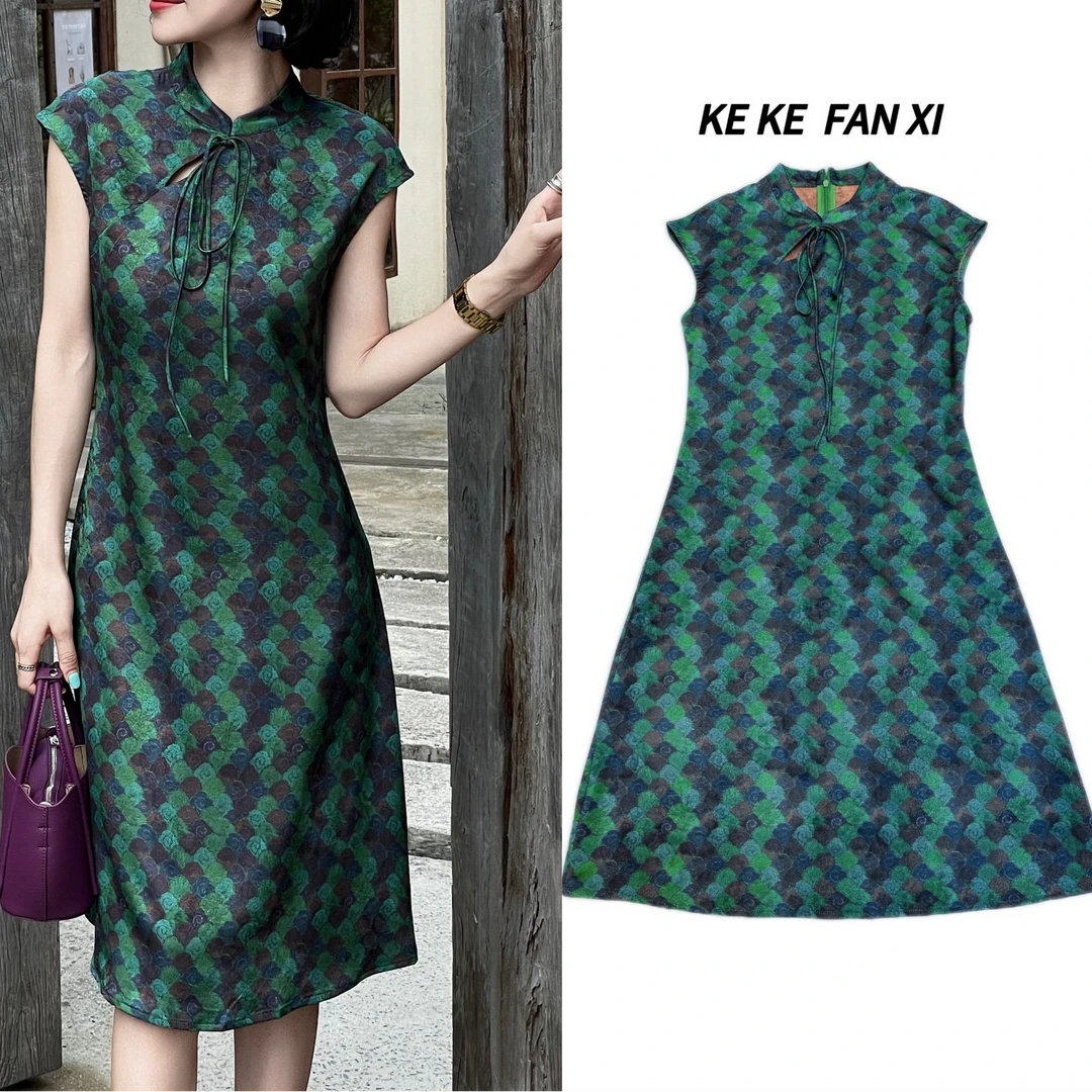 59116绿色新中式连衣裙气质时尚夏季复古中长款显瘦中国风