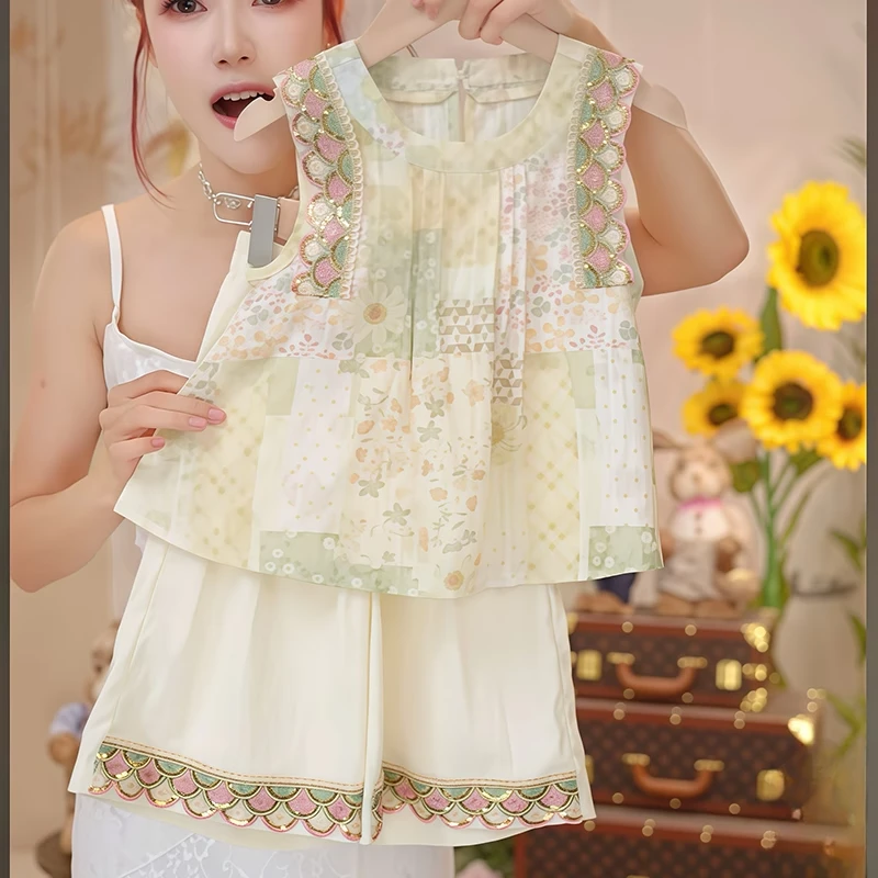 女童无袖娃娃衫七分裤套装夏季2025新款亮片碎花背心超薄两件套潮