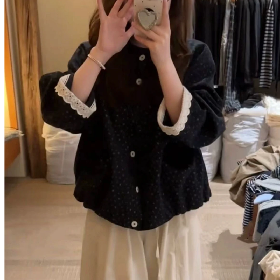 秋冬女复古袖口蕾丝翻边立领宽松碎花外套699715