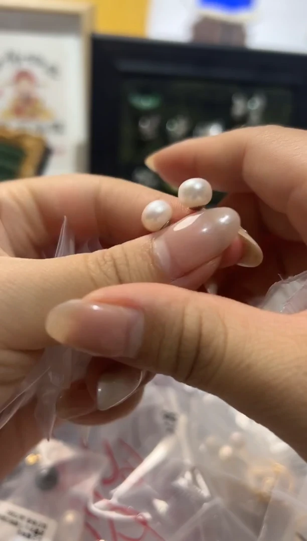 银S925镶嵌耳钉淡水珍珠13淡水7-8