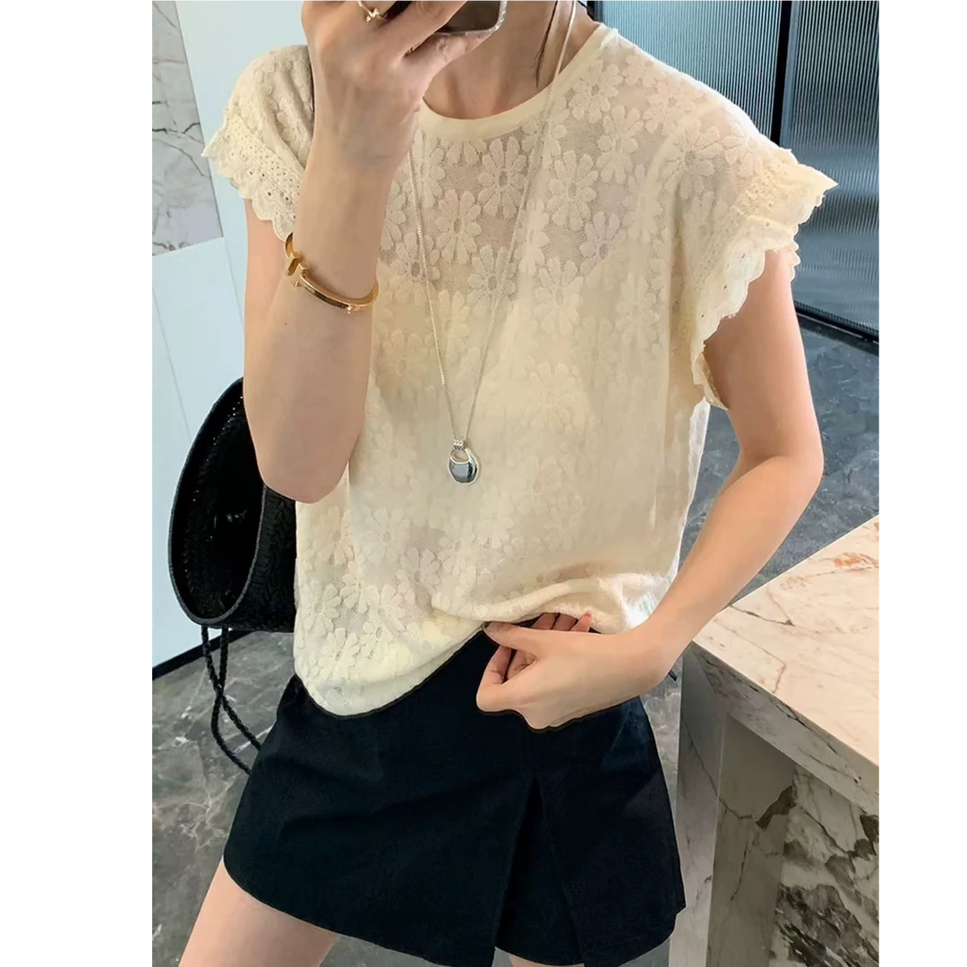 巨好看～夏季温柔花朵欧根纱花朵飞袖衫1259