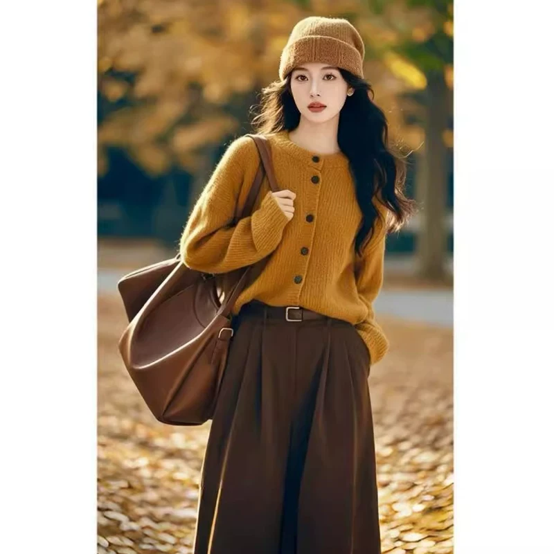 2024新款复古慵懒风秋冬穿搭一整套女百搭宽松显瘦针织上衣半身裙
