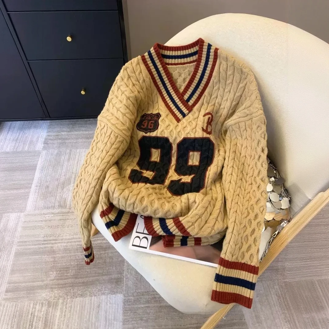 学院风条纹字母刺绣毛衣女2025秋冬季新款韩系复古绞花宽松针织衫