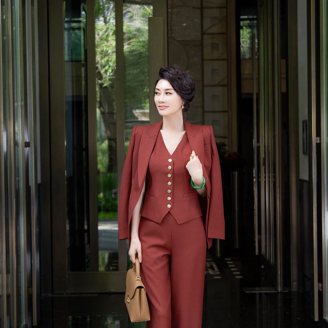 EDFNOT/杨红霞汝意HY24320巧克力棕/暮光橙/复古咖羊毛修身西服