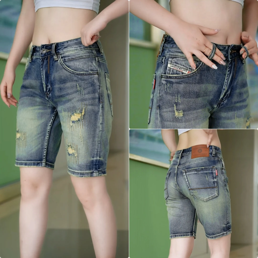 夏季新款男士破洞牛仔时尚补丁棉弹蓝色牛仔短裤男款爆款2025新款