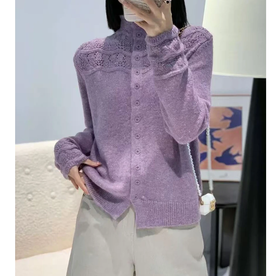 秋冬新款韩版宽松慵懒风半高领花纱针织浣熊绒开衫毛衣