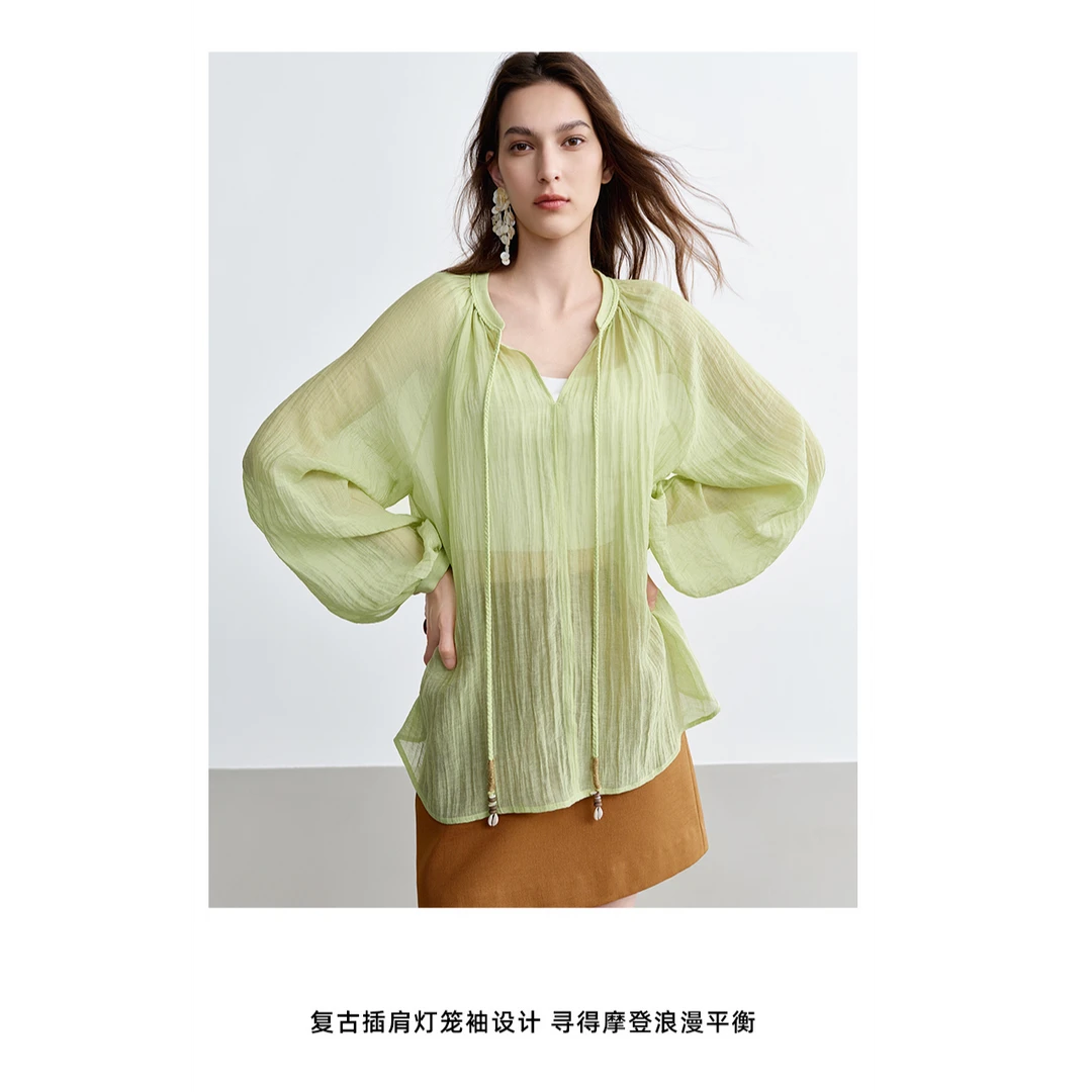 ROSELINGLING仲夏通勤系列 呼吸皱感麻 插肩灯笼袖手工编织绳上衣