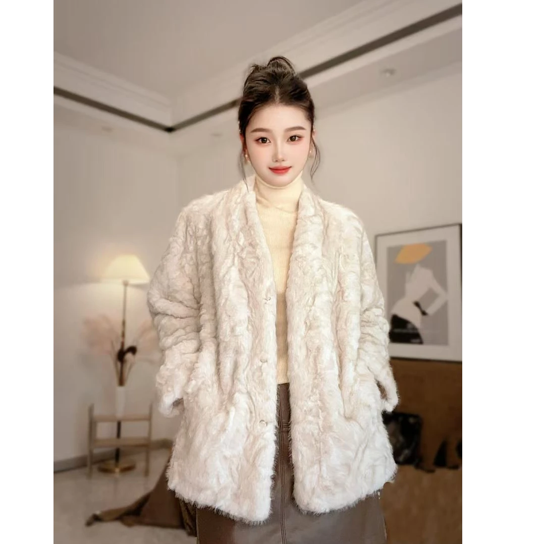 慵懒风染尖皮毛一体大衣女中长款秋冬新款仿羊羔毛绒外套女气质
