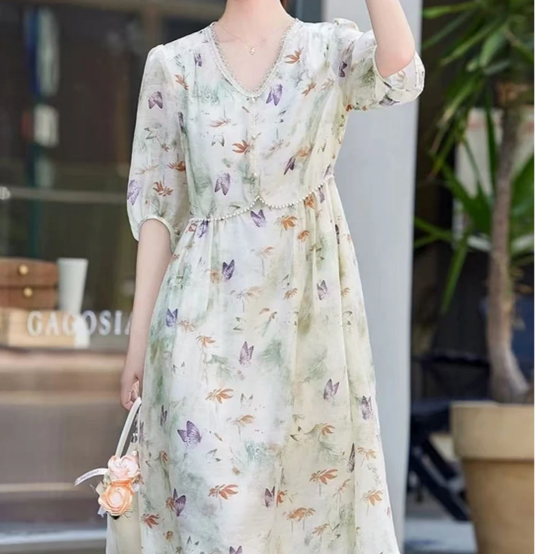 【珍珠蝴蝶】新款休闲时尚高端气质减龄真丝显瘦百搭遮肉连衣裙3059
