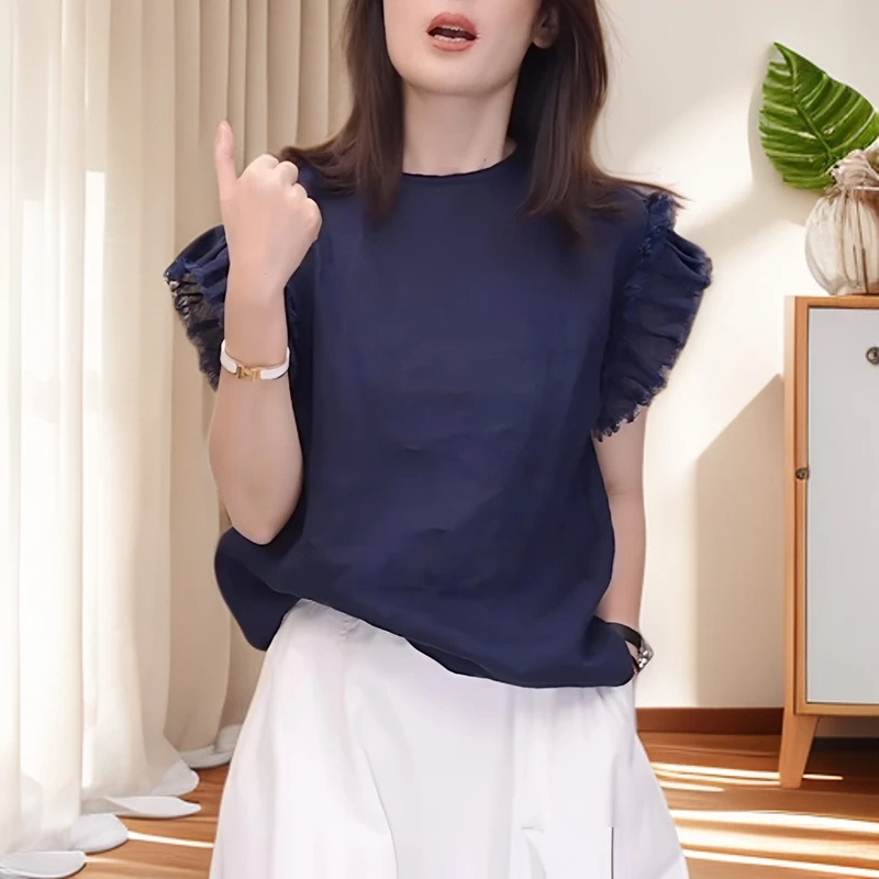 女士圆领短袖亚麻衬衫2025夏季新款洋气减龄设计感木耳边别致上衣