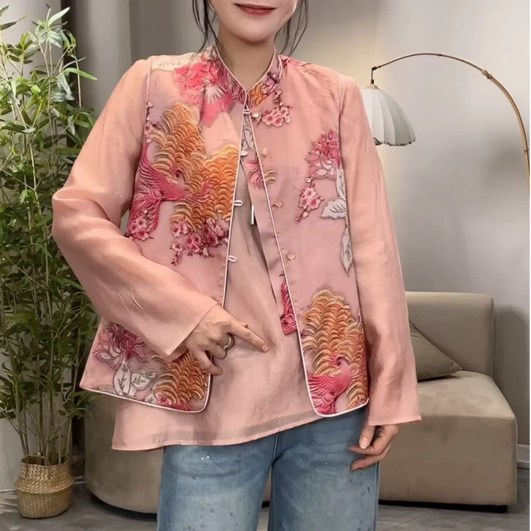 香云纱凤穿牡丹立领马甲