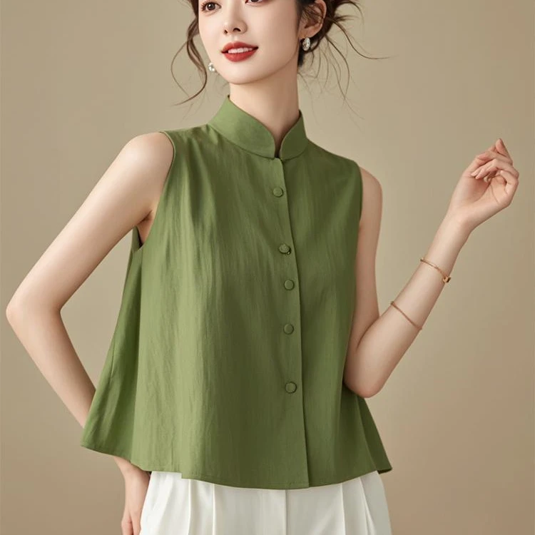 夏季独特别致洋气减龄绝美上衣高级感超好看绿色外穿无袖T恤衬衫