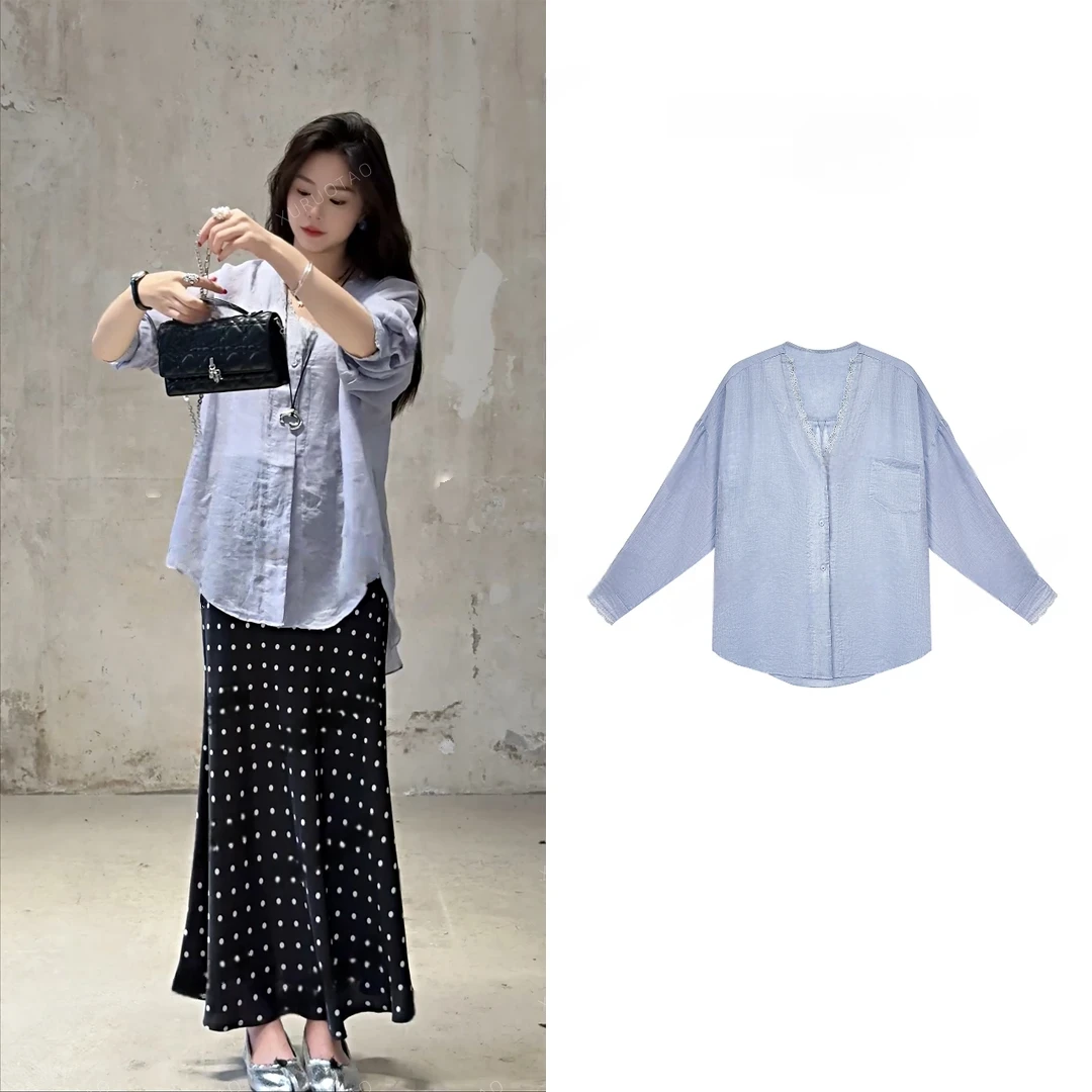 XURUOTAO 【紫雾】蕾丝领口设计感显瘦蓝紫色上衣