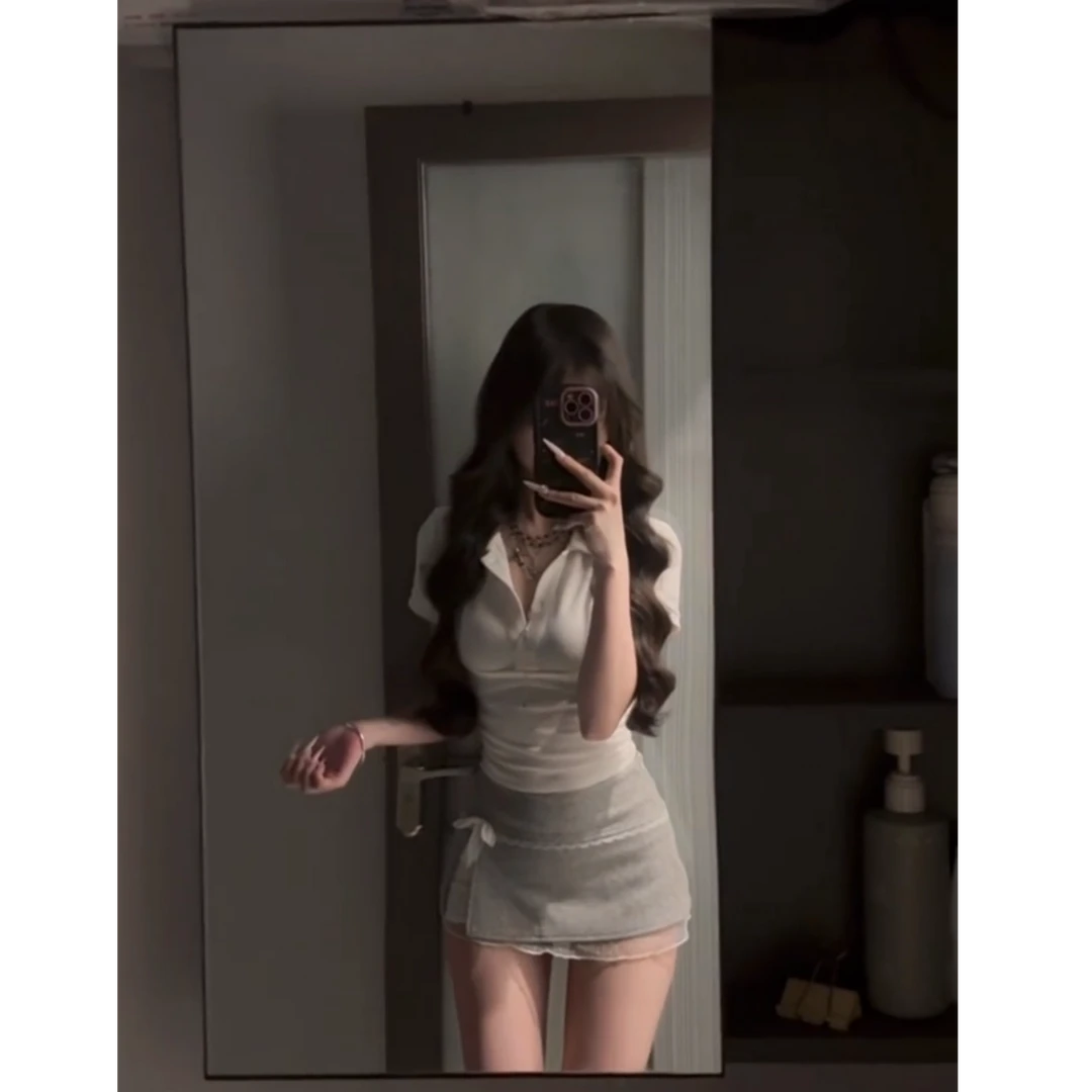 纯欲风辣妹修身白色上衣女蕾丝拼接蝴蝶结包臀裙两件套装