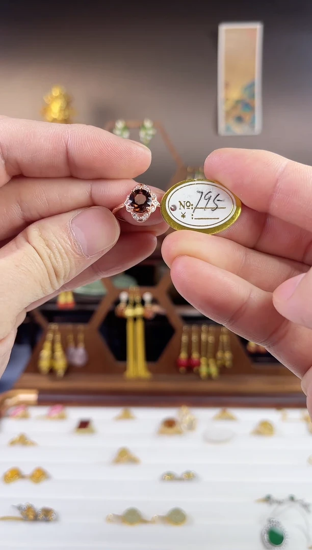 银S925镀金镶嵌戒指碧玺，红色碧玺戒指-孤品