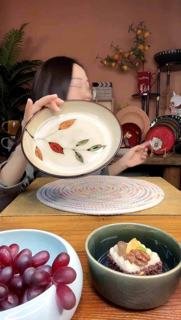 陶瓷7.5英寸手绘树叶深盘子 微瑕疵