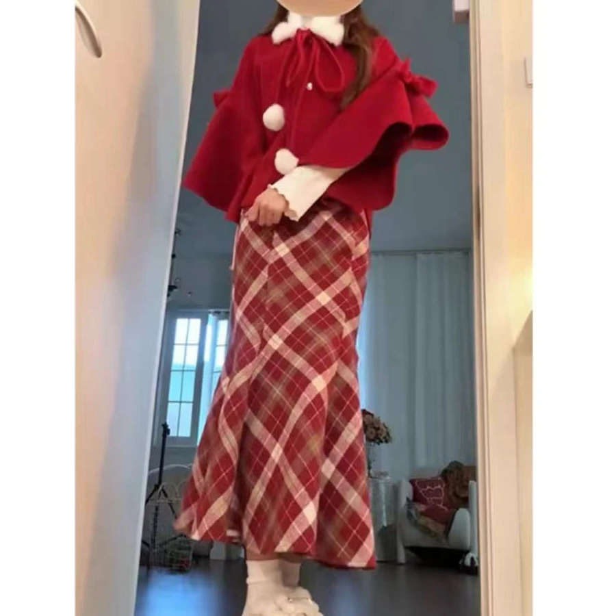 大码复古韩系圣诞新年氛围感减龄披肩上衣高腰鱼尾板半身裙套装