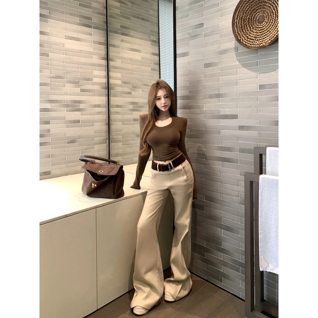 复古中腰西装休闲裤女秋冬加绒加厚卡其垂感长裤微喇叭裤子拖地裤