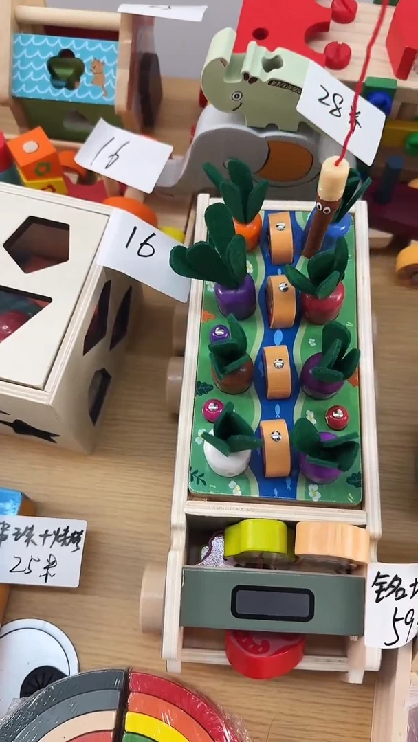 木木制钓鱼抓虫子拔萝卜拖车