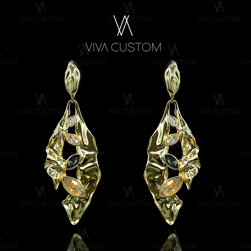 铜合金合成锆石耳饰 不规则扭曲树叶流光耳钉