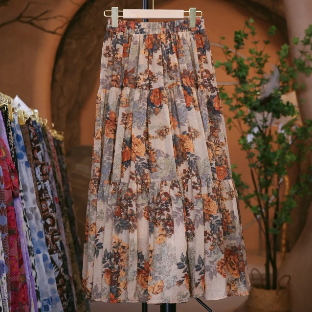 T14落叶玫瑰2025夏季新款大裙摆碎花半身裙复古高腰显瘦长裙