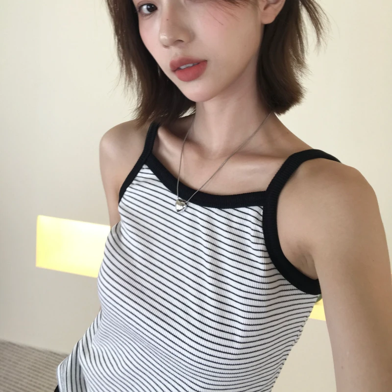 夏季韩版简约黑白条纹无袖显瘦女背心打底吊带kk-08792