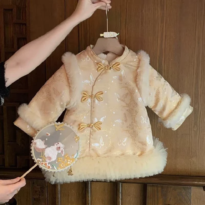 女童加绒中式连衣裙冬季2025新款儿童加厚保暖拜年服女宝宝周岁服