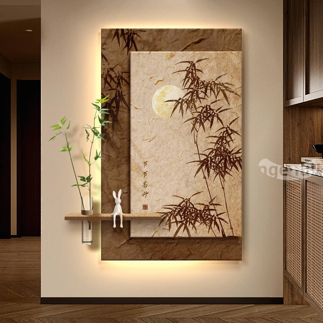 竹子玄关装饰画中古风高级感走廊过道挂画2025新款壁画带灯入户门