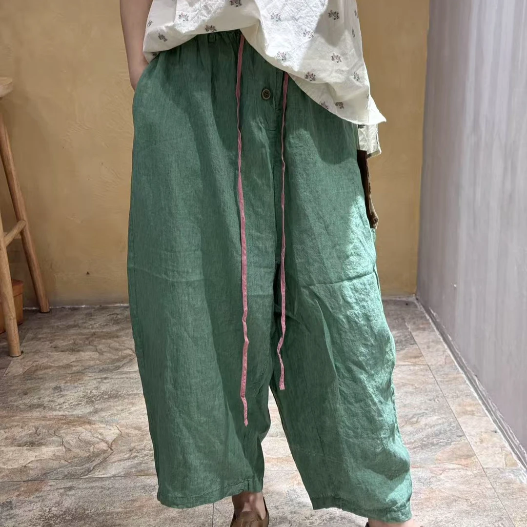 2025夏季新款色织亚麻多扣撞色全工艺八分裤A250431阔腿休闲宽松