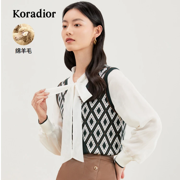 【晨粉专项价】珂莱蒂尔新款法式针织衫女v领拼接设计感羊毛衫上衣