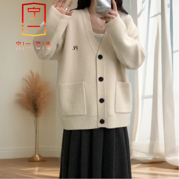【宁一女装】宽松慵懒风针织衫秋冬新款字母刺绣韩版v领毛衣外套女