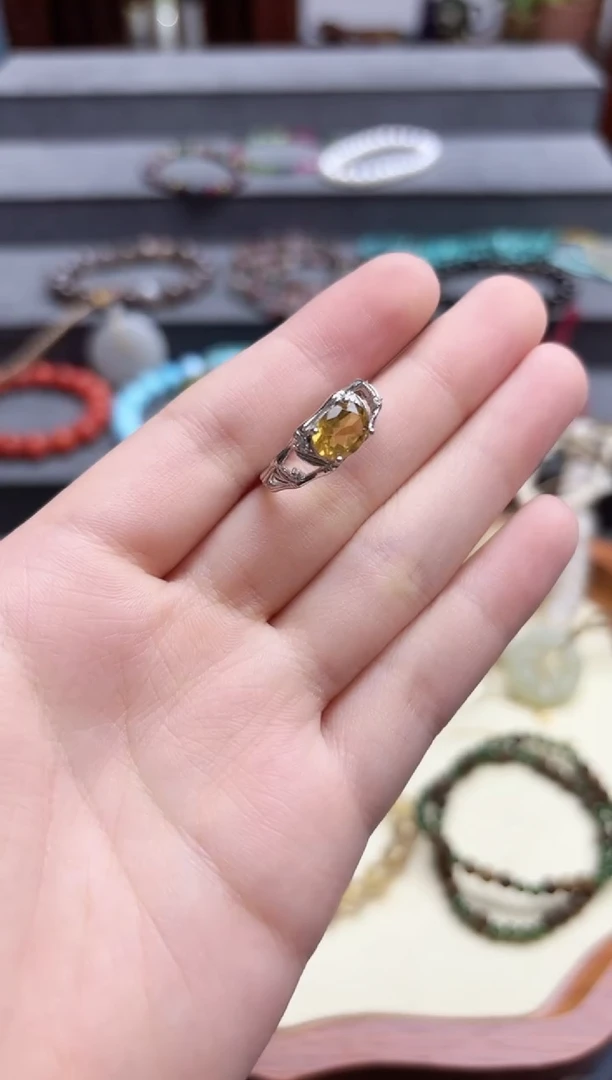 银S925镶嵌戒指水晶s925银黄水晶戒指CB