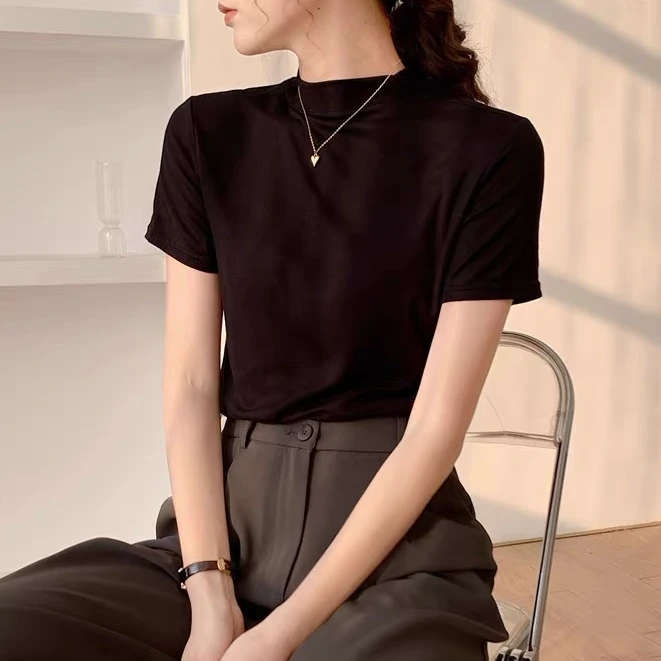 夏季新纯色小立领短袖t恤上衣女打底衫半高领螺纹弹力棉百搭显瘦