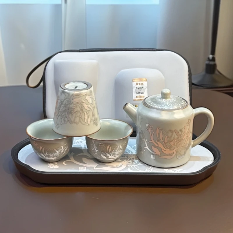 掐丝银莲花KZH0060一壶三杯旅行套+莲花干泡茶盘