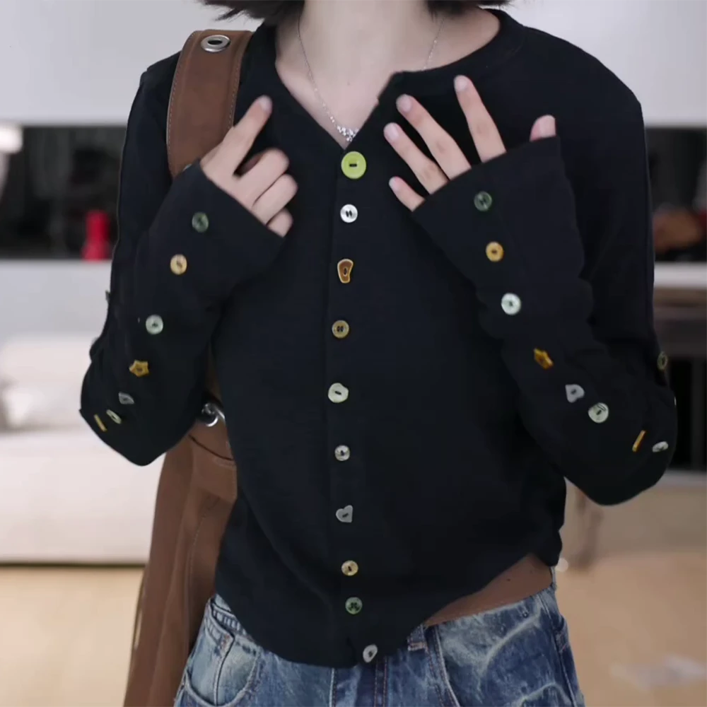 新款彩扣开衫修身感设计彩扣袖上衣T恤开衫C6196