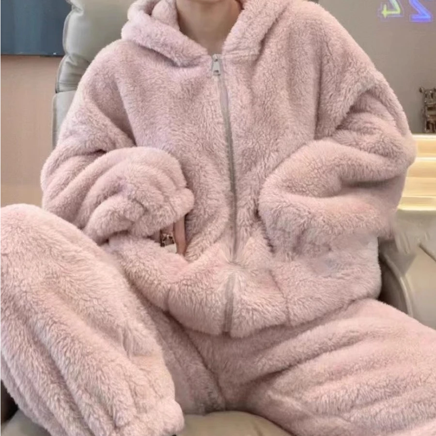 2025冬季新款时尚珊瑚绒睡衣女装韩版宽松加绒加厚家居服两件套装