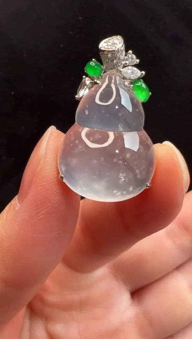 吊坠(不含链)18K金镶嵌翡翠玻璃种意境雪花棉葫芦吊坠