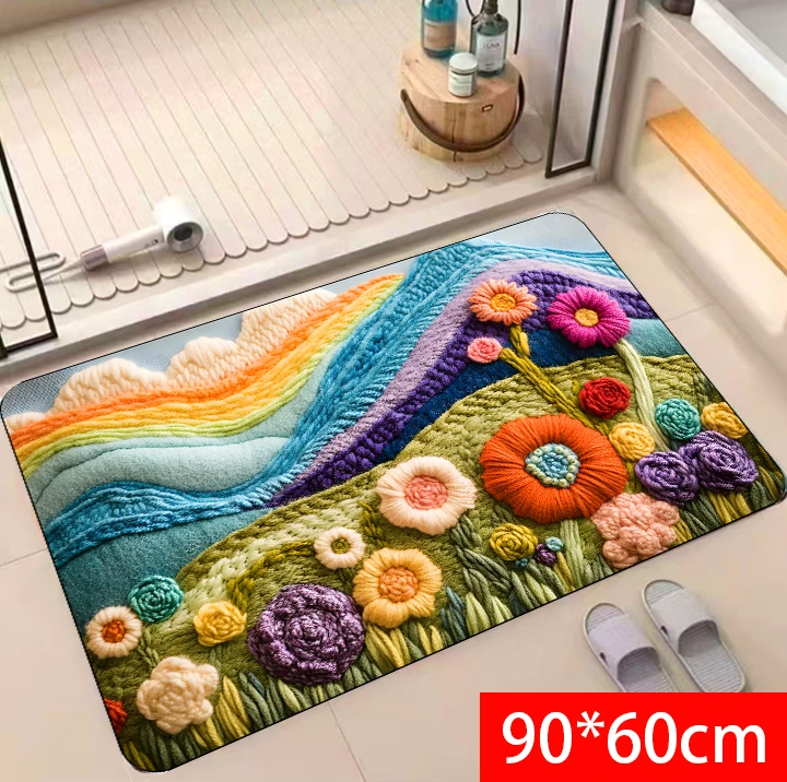 【厨卫门口垫】90*60-浴室卫生间吸水防滑硅藻泥门垫-彩虹花