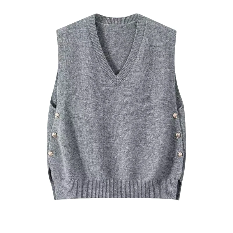 2025年秋冬新款针织衫女V领套头马甲无袖子短款上衣下摆开叉潮