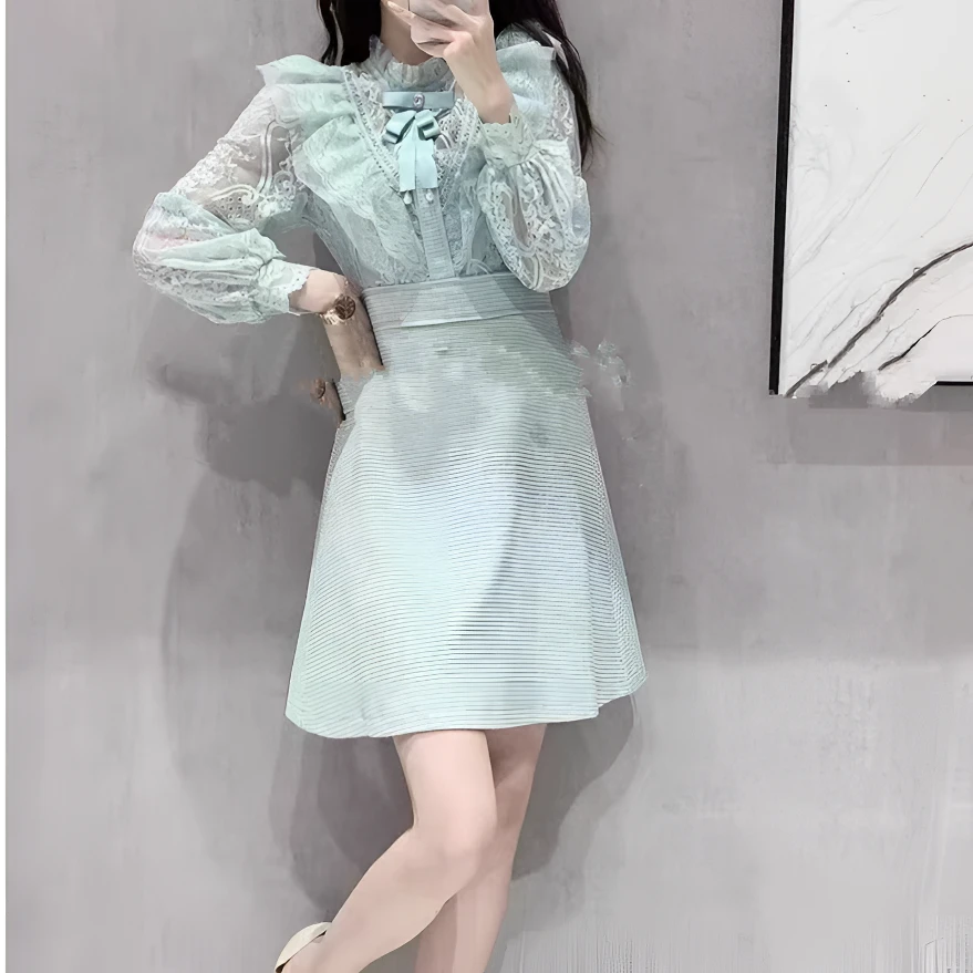 ［依易原创］法式收腰绿色蕾丝高级感气质显瘦连衣裙A0807