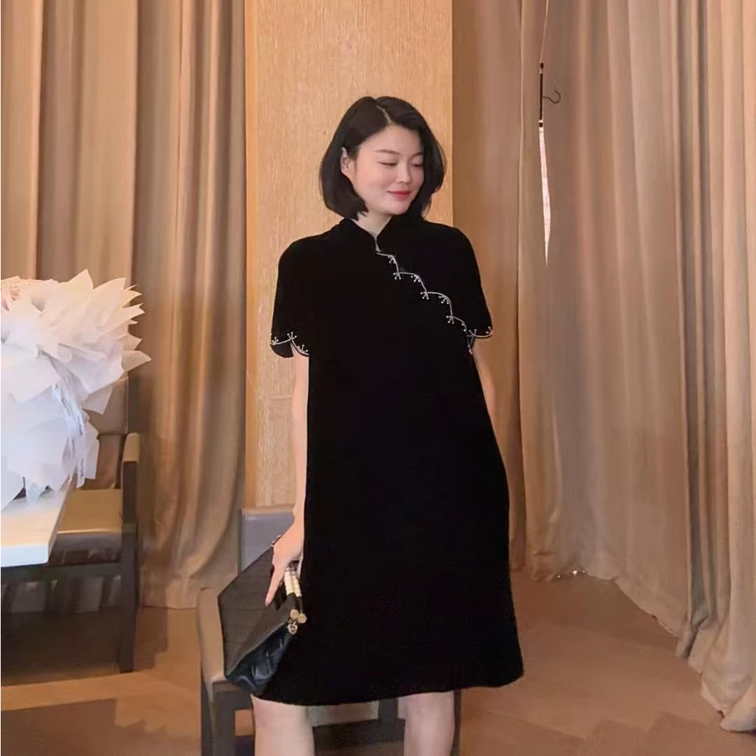 TANTAN  真丝丝绒 气质时尚领口袖边连衣裙1961